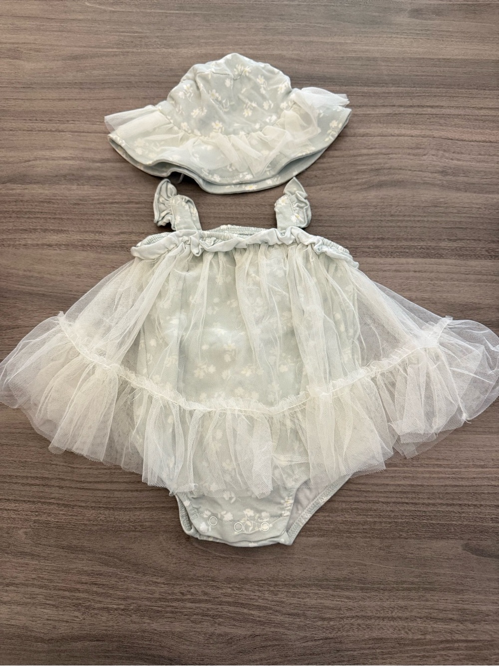 Catherine Malandrino Light Mint Tulle Romper with Matching Sun Hat